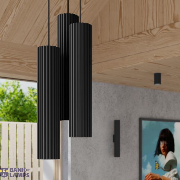 HANGING LAMP THREE CYLINDRICAL LAMPSHADES WITH ELEGANT CARBON GROOVING ON GU10 image 9