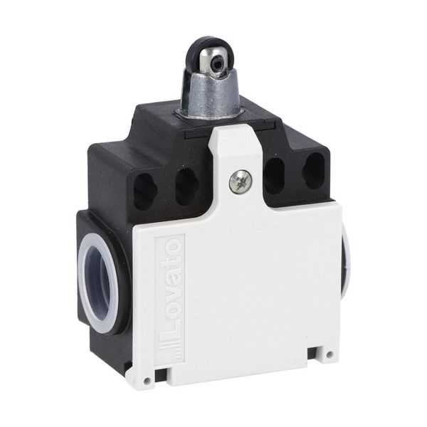 Limit switch, K series, top roller push plunger, 2 side cable entry. Dimensions compatible to EN 50047, plastic body, contacts 2NC slow action. Plastic roller image 1