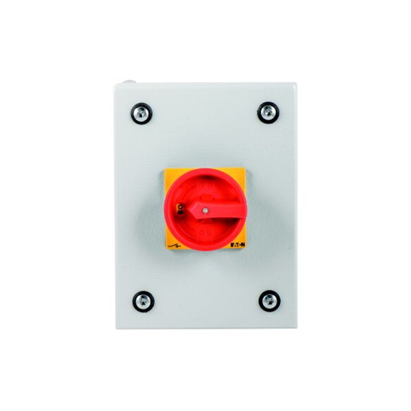 P1-25/SE1/SVB Main switch, P1, 25 A, surface mounting, 3 pole, Emergency switching off function, With red rotary handle and yellow locking ring, Lockable in the 0 ( image 1