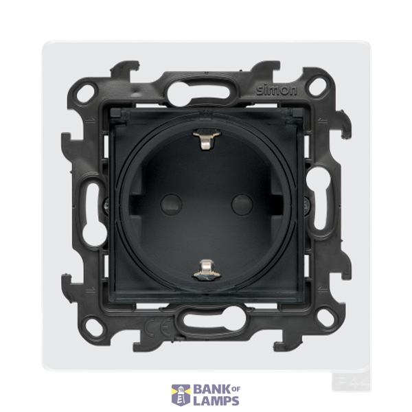 Single socket outlet with Schuko earthing for IP44 version with seal frame, with shutters, (module), Simon 24, IP44, graphite mat, Flap color: Transparent image 1
