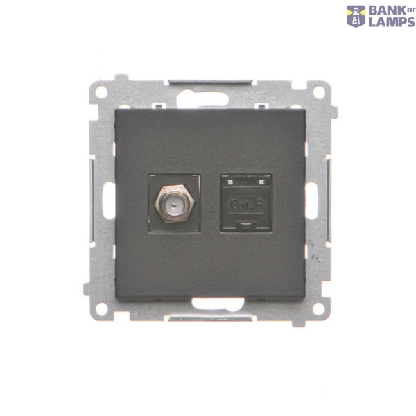 Aerial socket type "F" + computer socket RJ45 cat.6, module, black matt image 1