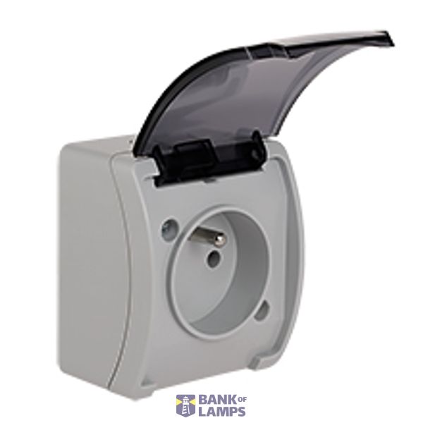 VG-1 Koala Single Socket with earthing contact (2P+Z) surface mounted IP44 gray with smoky (transparent) flap  VG 161-53 image 1
