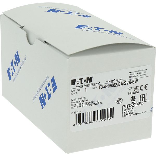 T3-4-15682/EA/SVB-SW Main switch, T3, 32 A, flush mounting, 4 contact unit(s), 6 pole, 1 N/O, 1 N/C, STOP function, With black rotary handle and locking ring, Lockable in image 25