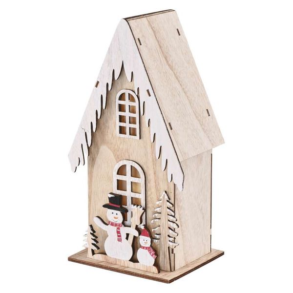 LED decoration, wooden – house with snowmen, 28.5 cm, 2x AA, indoor, warm white, timer image 1