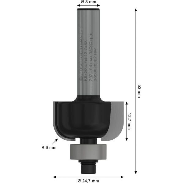 Cove bit, 8 mm, R1 6 mm, D 24.7 mm, L 13 mm, G 53 mm image 1