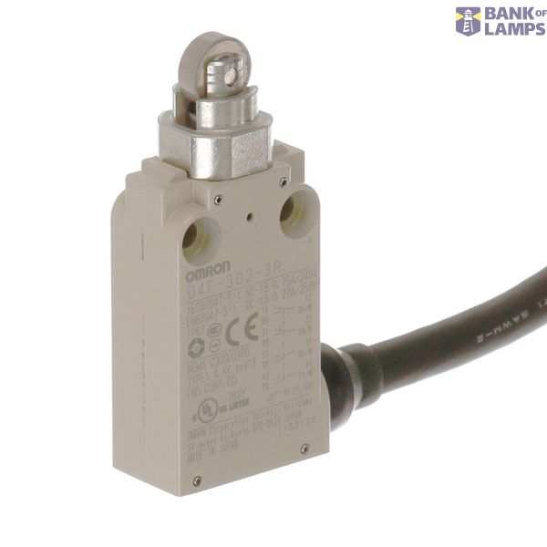 Small Safety Limit Switch, 2NC slow-action, roller plunger, 3 m cable, horizontal cable exit D4F 0022E image 1