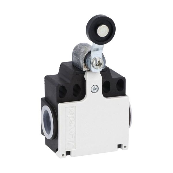 Limit switch, K series, roller lever plunger, 2 side cable entry. Dimensions compatible to EN 50047, plastic body, contacts 2NC independent. Plastic roller image 1