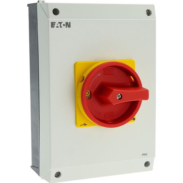 T5B-4-15682/I4/SVB Main switch, T5B, 63 A, surface mounting, 4 contact unit(s), 6 pole, 1 N/O, 1 N/C, Emergency switching off function, With red rotary handle and yellow image 33
