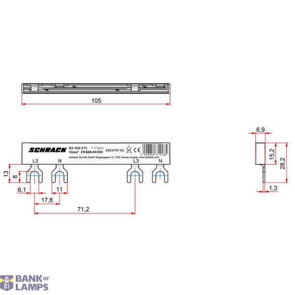 Busbar, 2-pole, L3, 1xRCCB 4-pole to 1xRCBO 1+N, 6MW, 10mmý image 9