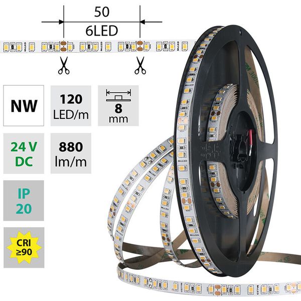 LED strip SMD2835 NW, 120LED/m, 9,6W/m, DC 24V, 880lm/m, CRI90, IP20, 8mm, 50m image 1