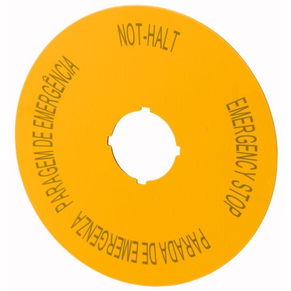 M22-XAK12 Label, emergency stop, D=90mm, yellow, DE, EN, ES, PT image 1