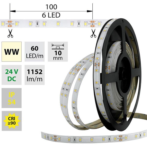 LED strip SMD2835 WW, 60LED/m, 14,4W/m, 1152lm/m, IP54, DC 24V, 10mm, 5m image 1
