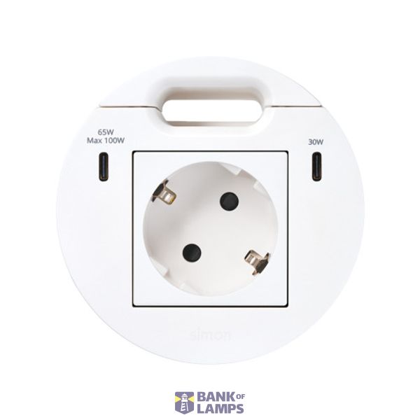 Furniture power socket (schuko grounding) with USB-C 100W charger and grommet (cable outlet), Simon 400 Flash 90, IP20, 16A, white, Mount. dimen.: Ø80mm image 1