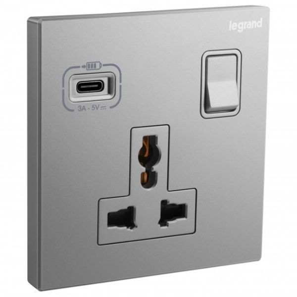 Galion - 1 gang multistandard switched - with USB C 18W charger - Dark Silver image 1