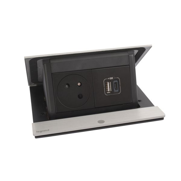 654816 Incara Pop-up equipped with 1 2P+E Surface socket and 1 15W USB Type-A+Type-C charger with cord - 4 stainless steel modules image 1