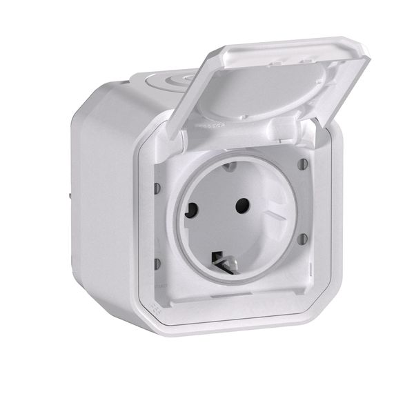 Socket outlet Plexo German standard 2P+T white surface IP55 automatic terminals image 1