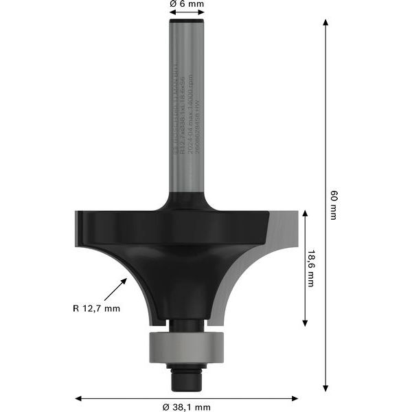 Rounding over bit, 6 mm, R1 12.7 mm, D 38.1 mm, L 18.6 mm, G 60 mm image 2