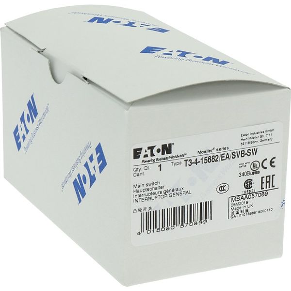 T3-4-15682/EA/SVB-SW Main switch, T3, 32 A, flush mounting, 4 contact unit(s), 6 pole, 1 N/O, 1 N/C, STOP function, With black rotary handle and locking ring, Lockable in image 6