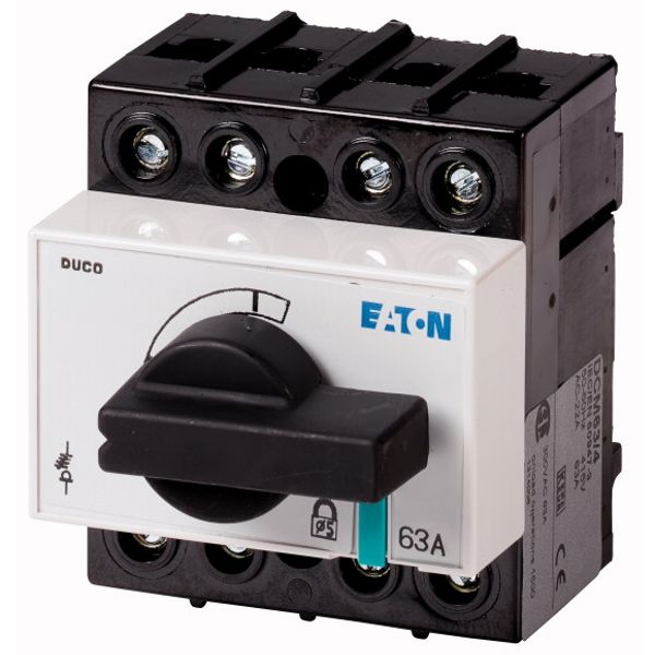 Switch-disconnector, DCM, 63 A, 4 pole, With black rotary handle and drive shaft, Vertical connection image 1