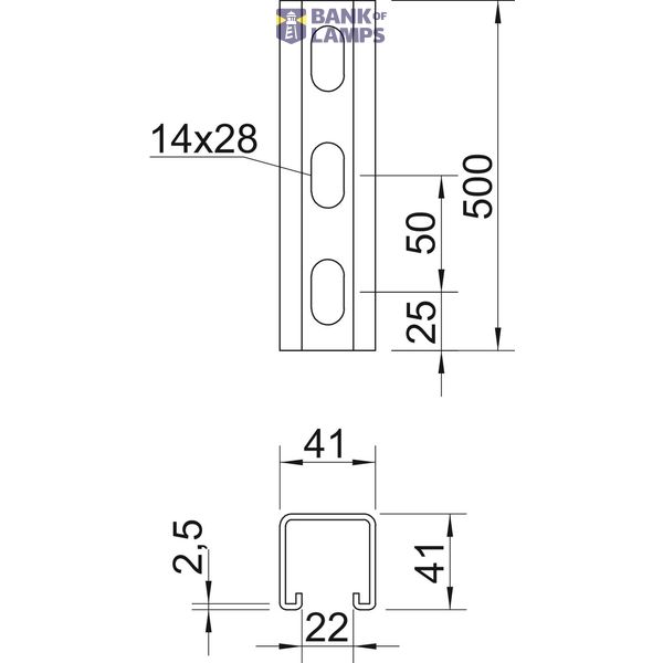 Profile rail perforated, slot 22mm 500x41x41 Stainless steel A4 1.4571 image 2