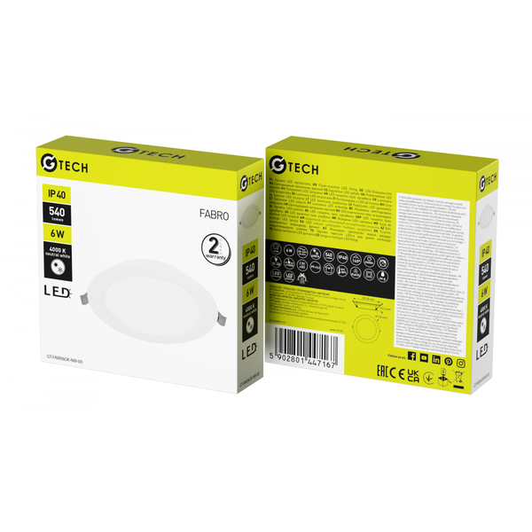 G-TECH LED luminaire FABRO, 6 W, 540 lm, 4000K, AC220-240V, IP40, recessed, round, white image 2
