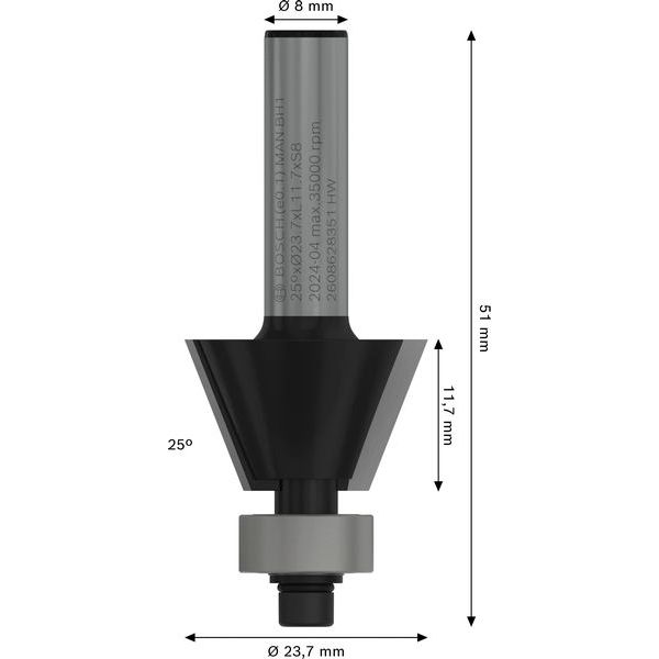 Chamfer laminate trim bit, 8 mm, D1 23.7 mm, B 5.5 mm, L 12 mm, G 54 mm, 25° image 2
