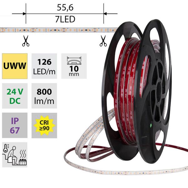 LED strip SMD2835 UWW 126LED/m 9,6W/m DC 24V 800lm/m CRI90 IP67 105°C 10mm 50m image 1