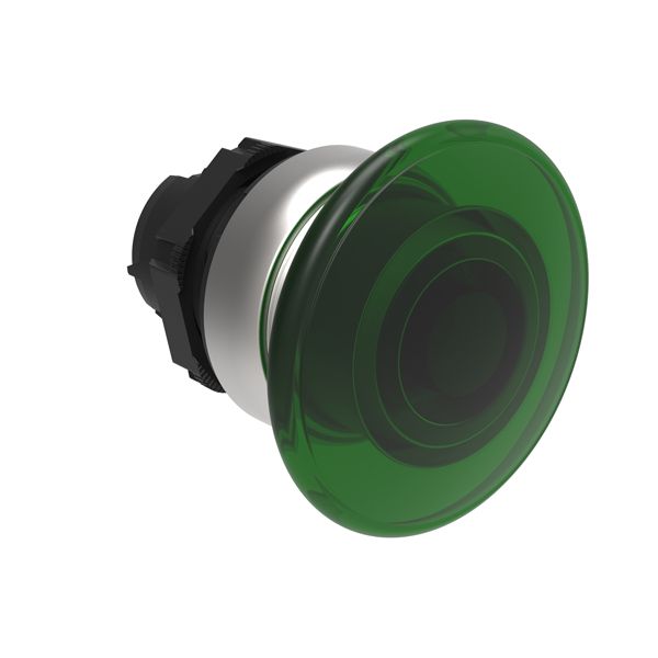 Illuminated mushroom head button actuator Ø22mm Platinum series chromed plastic, spring return, Ø40mm. Green image 1
