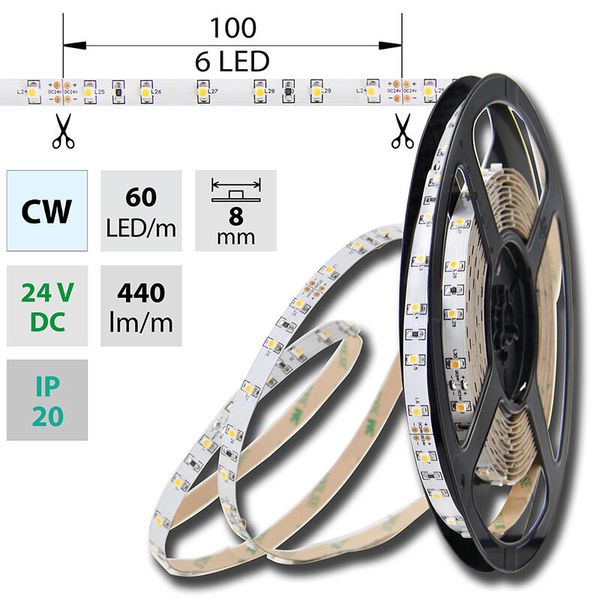 LED strip SMD3528 cold white, 60LED/m, IP20, DC 24V, 8mm, 50m image 1