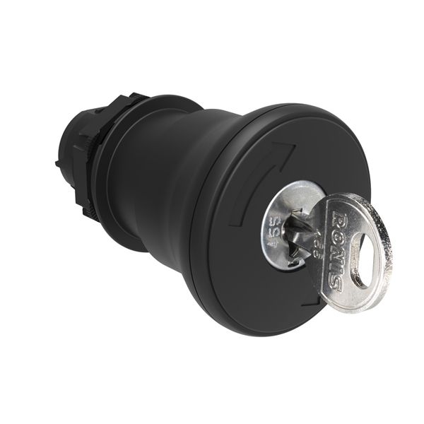 Mushroom head pushbutton actuator Ø22mm Platinum series chromed plastic, latch, turn key to release, Ø40mm. For normal stopping. Black. Different key code image 1