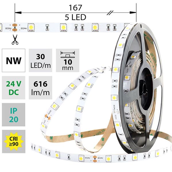LED strip SMD5050 NW, 30LED/m, 8,5W/m, 616lm/m, IP20, DC 24V, 10mm, 5m image 1