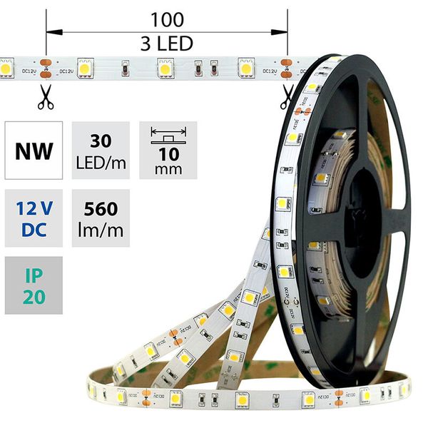 LED strip SMD5050 NW, 30LED/m, 7,2W/m, 560lm/m, IP20, DC 12V, 10mm, 50m image 1
