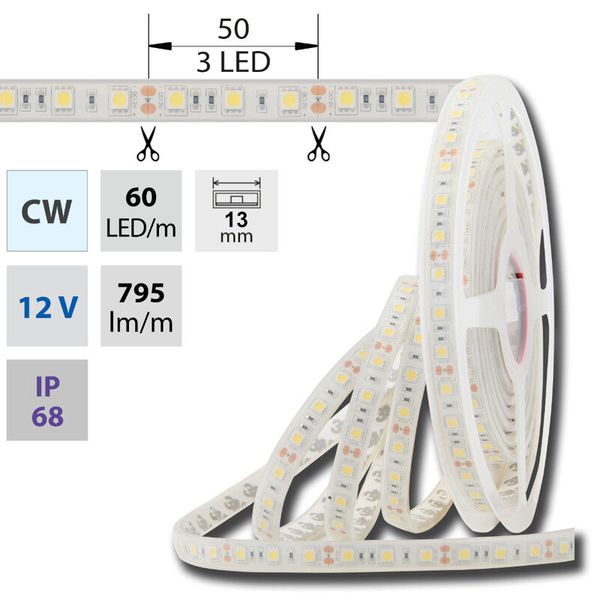 LED strip SMD5050 CW, 60LED/m, 14,4W/m, 1180lm/m, IP68, DC 12V, 13mm, 5m image 1