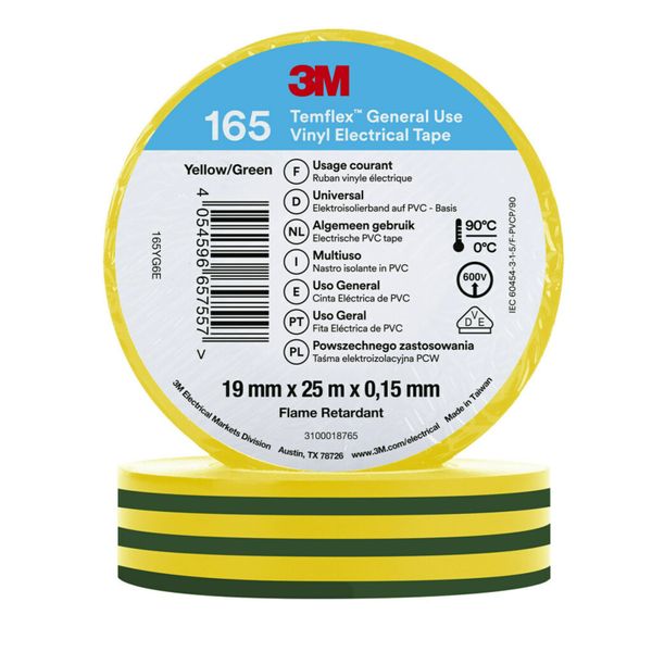 3M™ Temflex™ Vinyl Electrical Tape 165, Green/Yellow, 19 mm x 25 m, 10 image 1