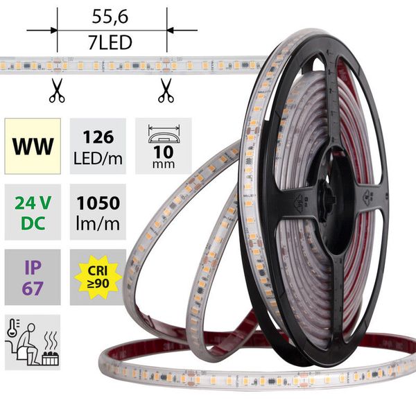 LED strip SMD2835 WW 126LED/m 9,6W/m DC 24V 1050lm/m CRI90 IP67 105°C 10mm 5m image 1