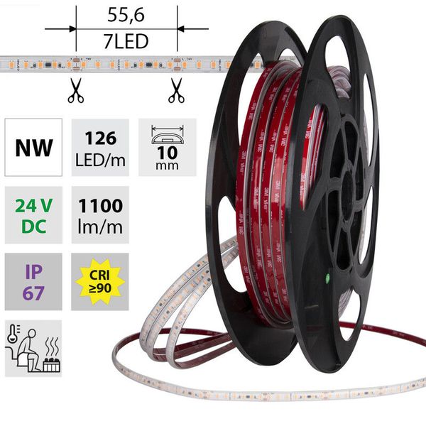 LED strip SMD2835 NW 126LED/m 9,6W/m DC 24V 1100lm/m CRI90 IP67 105°C 10mm 50m image 1