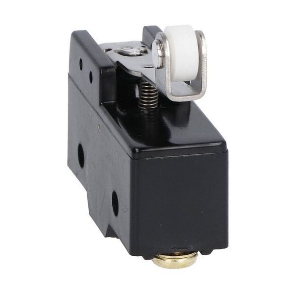 Plastic micro switch, K series, roller centre push lever. 38mm/1.5in long lever. Contacts 1NO/NC. Screw terminalsS image 1