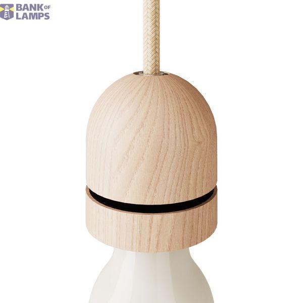 Wood E27 threaded hemispherical lamp holder kit with hidden cable clamp and ferrule cover for lampshade image 1