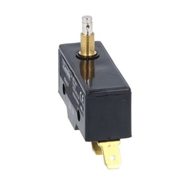 Plastic micro switch, K series, top push rod - metal plunger. High rod plunger. Contacts 1NO/NC. Faston terminals image 1