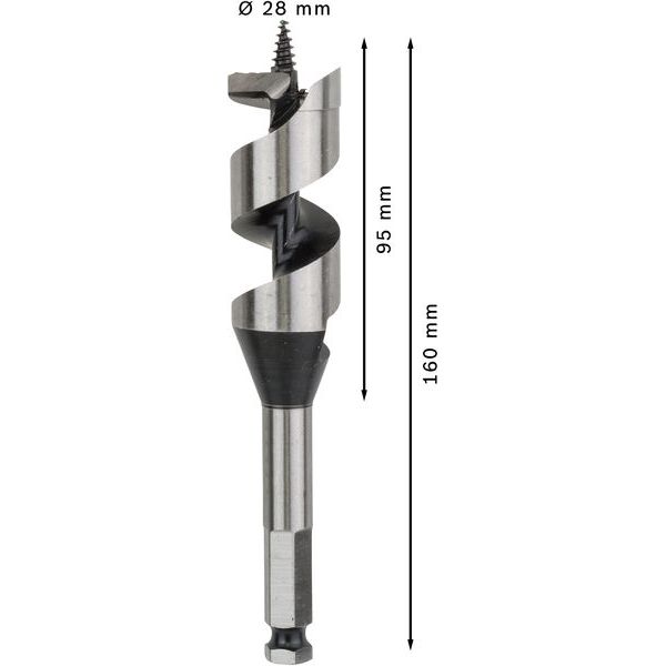 Wood auger bit, hexagon 28 x 95 x 160 mm, d 11,1 mm image 1