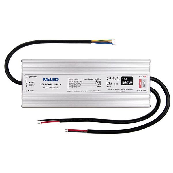 LED power supply 360W, DC24V/15A, IP67 image 1