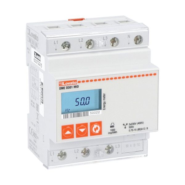 Energy meter, three-phase with neutral, non expandable, MID certified, 80A direct connection, 4U, RS485 interface, multi-measurements image 1