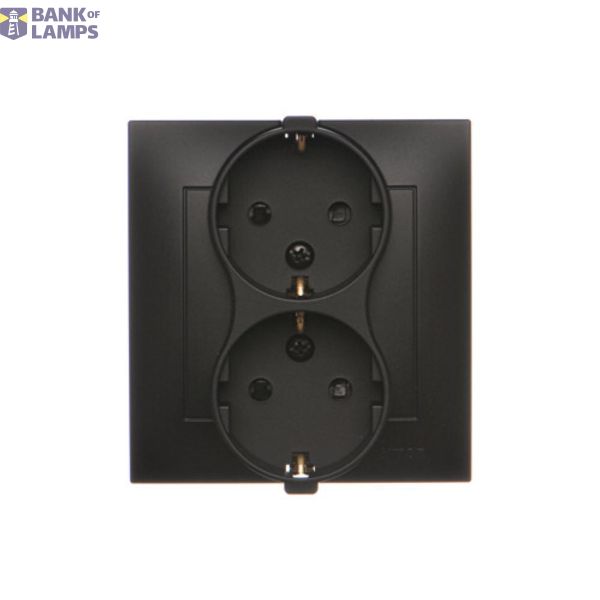 Double socket outlet with Schuko earthing and shutters, (Complete product), 16A, 250V, Screw, black matt image 1