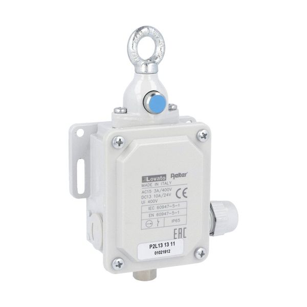 Rope-pull lever limit switch for emergency stopping, ISO 13850 compliant, with RESET button. Contacts 1NO+1NC. 120N operating force image 1
