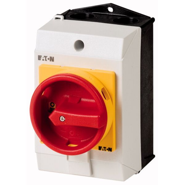 T0-2-15169/I1/SVB Main switch, T0, 20 A, surface mounting, 2 contact unit(s), 3 pole, 1 N/O, Emergency switching off function, With red rotary handle and yellow locking image 1