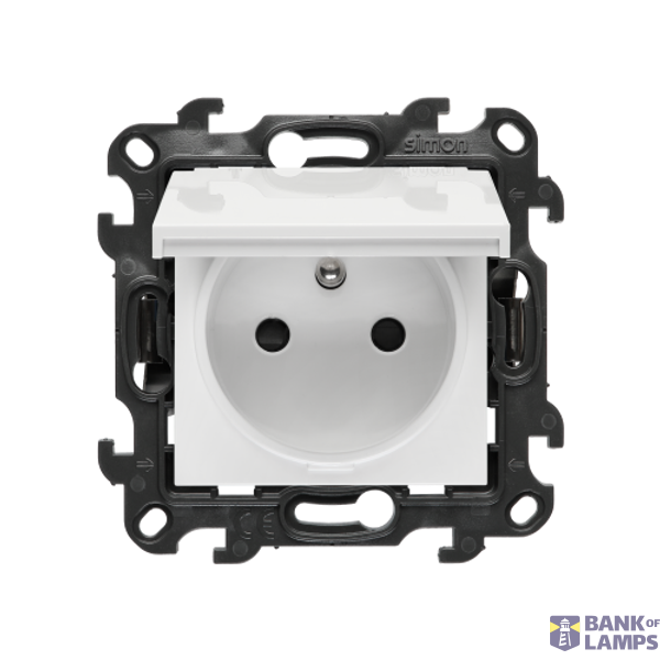 Single socket outlet with earthing for IP44 version without frame seal, with shutters, Push In system, (module), Simon 24, IP44, 16A, white, Flap color: Same as a cover image 1
