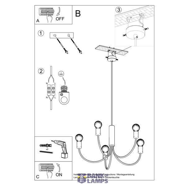 PICCOLO CHANDELIER 3 BLACK E27 3X60W IP20 image 3
