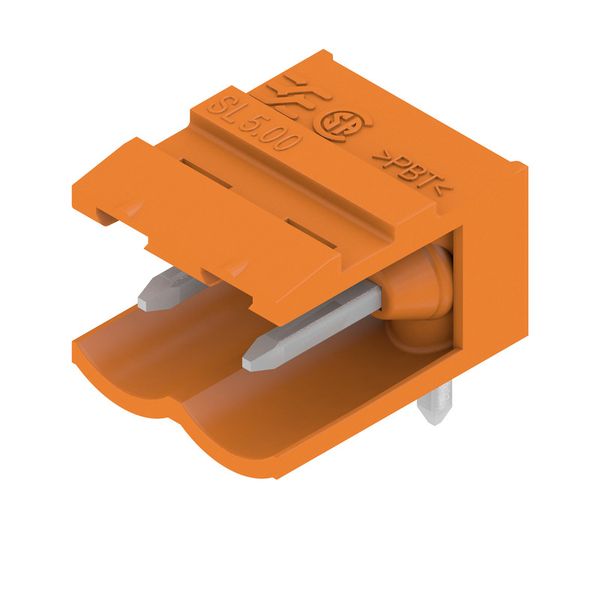 PCB plug-in connector, male header, open side, THT solder connection, 5.00 mm, Number of poles: 2, 90°, Solder pin length (l): 3.2 mm, tinned, orange, Box image 4