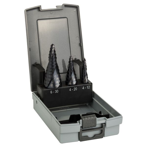 3-piece HSS-AlTiN step drill bit set 4-12; 4-20; 6-30 mm 3 pcs. image 1