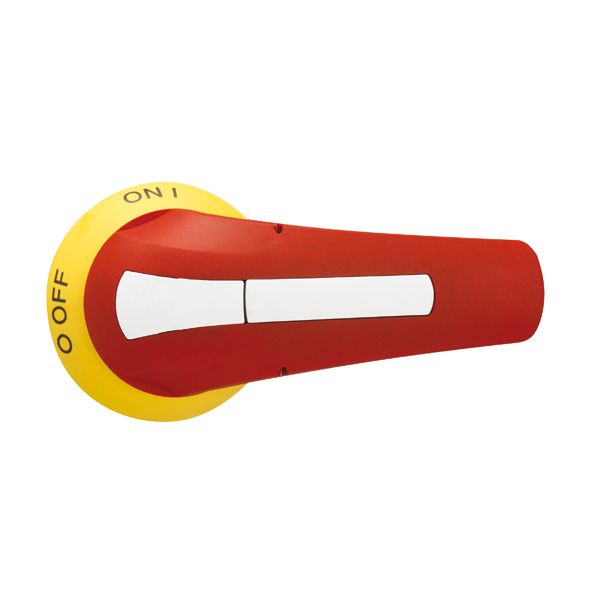 Door-coupling lever handle, padlockable. Red/yellow rotating type with screw fixing on door, 94mm/3.7”; □7mm/0.3” image 1